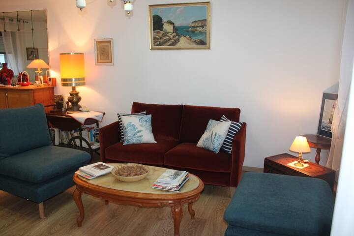 Comfortable living room where you can indulge in reading ( documents on Concarneau and Finistere) , watch a film on the TV....