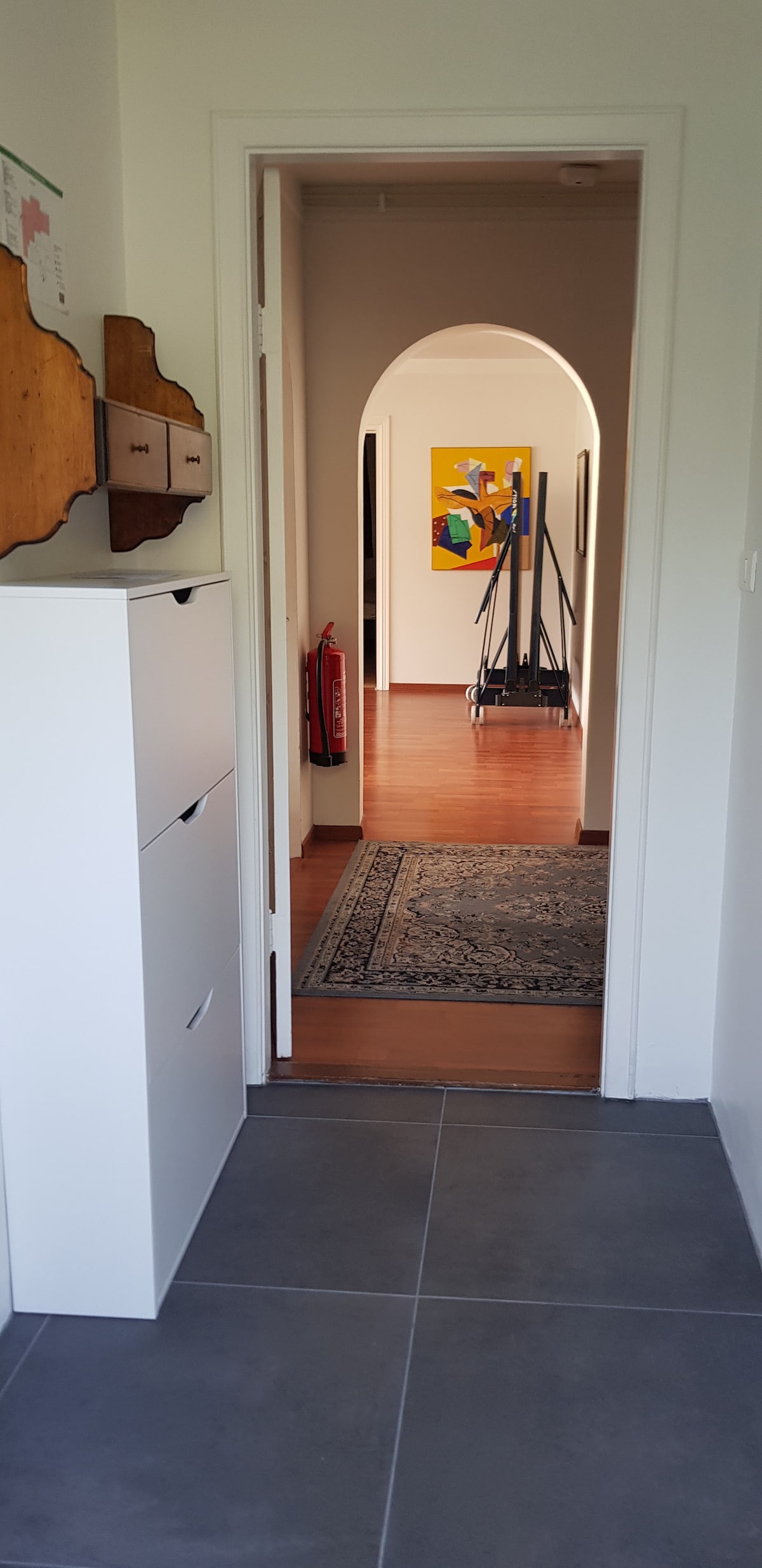 A hallway is depicted, leading to a spacious area with warm wooden flooring. A cabinet with drawers is situated on the left, while an archway gives access to the main room. A decorative rug is visible on the floor, partially covering the tiled surface.