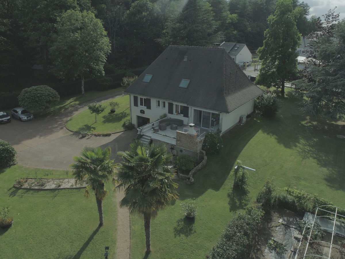 An aerial view of a spacious house situated on a large green lot, featuring a well-maintained garden with palm trees. A large terrace is visible at the front of the house, and a winding path leads through the landscaped yard.