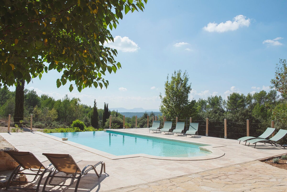An outdoor pool area features a spacious infinity pool, surrounded by a stone patio. Comfortable lounge chairs are arranged for relaxation under a blue sky dotted with fluffy clouds. Lush greenery and trees frame the scenic views of the valley and distant mountains.