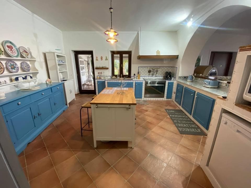 A spacious kitchen features blue cabinetry, a wooden island, and terracotta tile flooring. Natural light enters through windows, illuminating the area. Appliances include a stove and built-in oven, with decorative plates displayed on the wall, enhancing the inviting cooking environment.