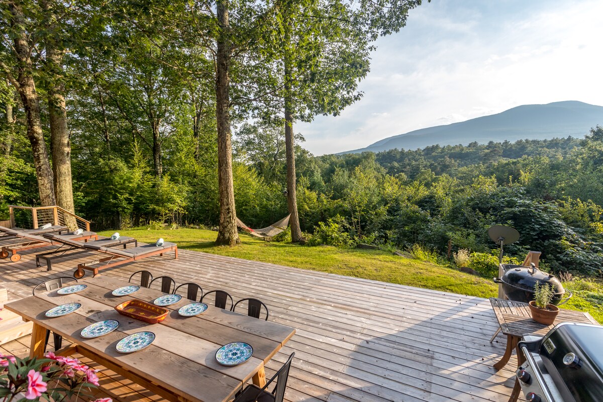 A spacious deck is shown, featuring a long dining table set with plates. Lounge chairs and a hammock are placed among the trees, inviting relaxation. Lush green trees serve as a backdrop, with distant mountains visible in the horizon under a clear sky.