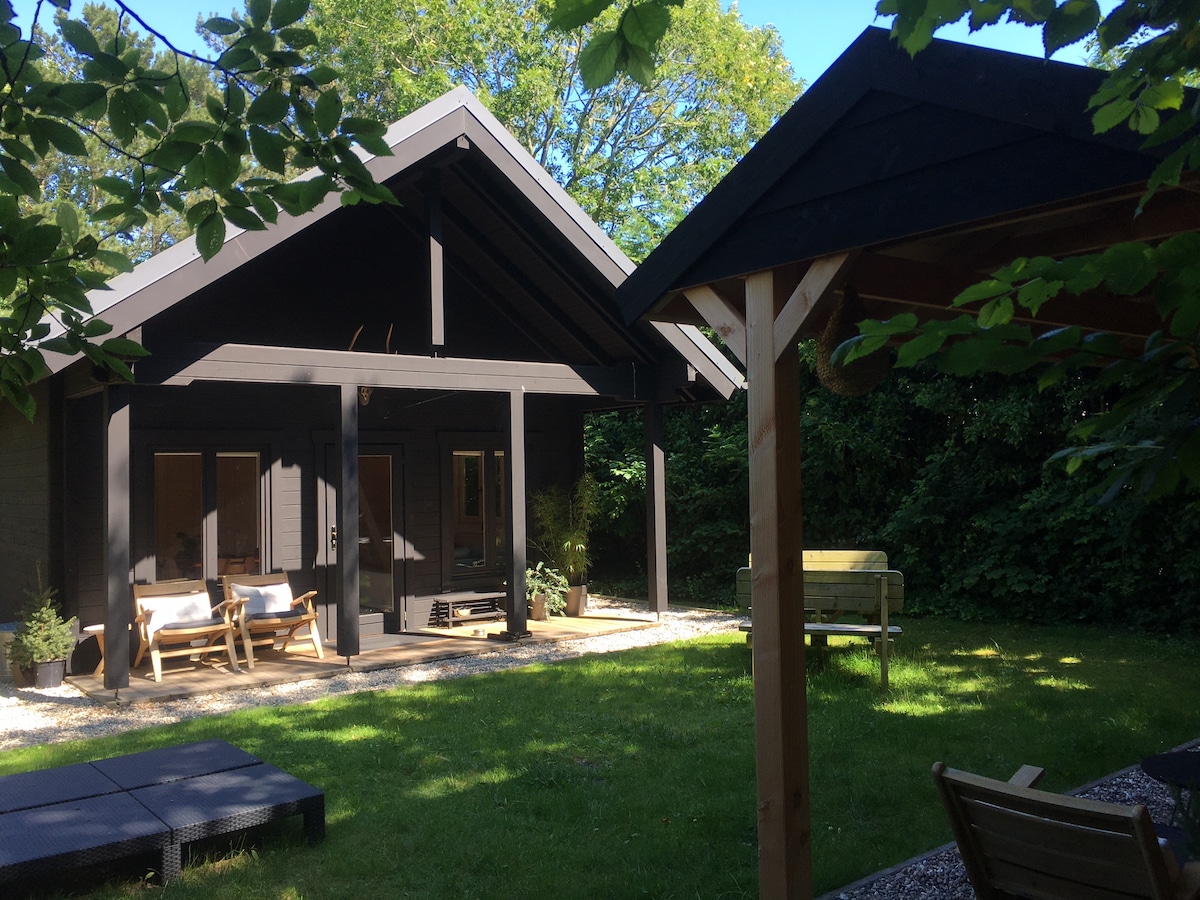 A modern cabin with a dark façade is surrounded by lush greenery. It features a covered porch with wooden seating, while a separate gazebo offers additional outdoor space. Large windows invite natural light into the living area, enhancing the connection to the serene garden.