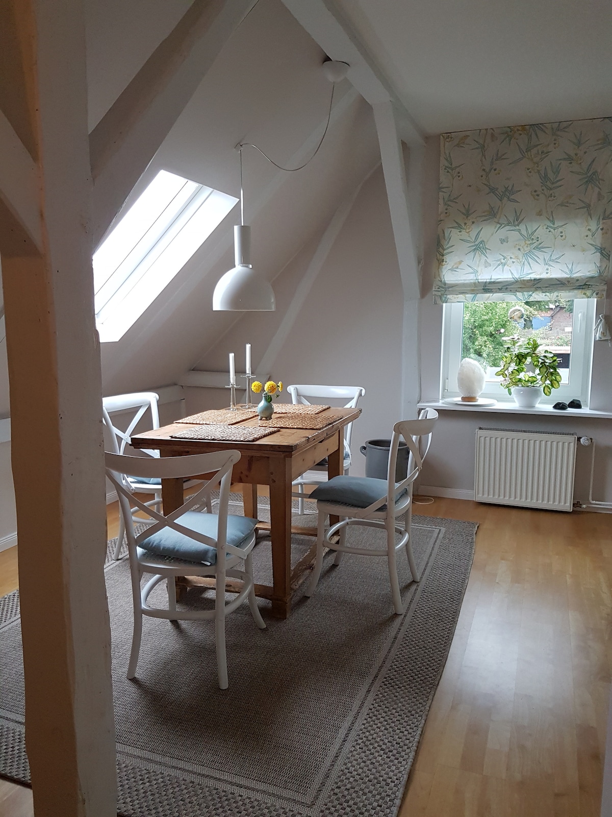 The dining area features a wooden table surrounded by four white chairs, offering a welcoming space for meals. A large window allows natural light to fill the room, with decorative plants positioned on the windowsill. The floor is covered with a light-colored rug.