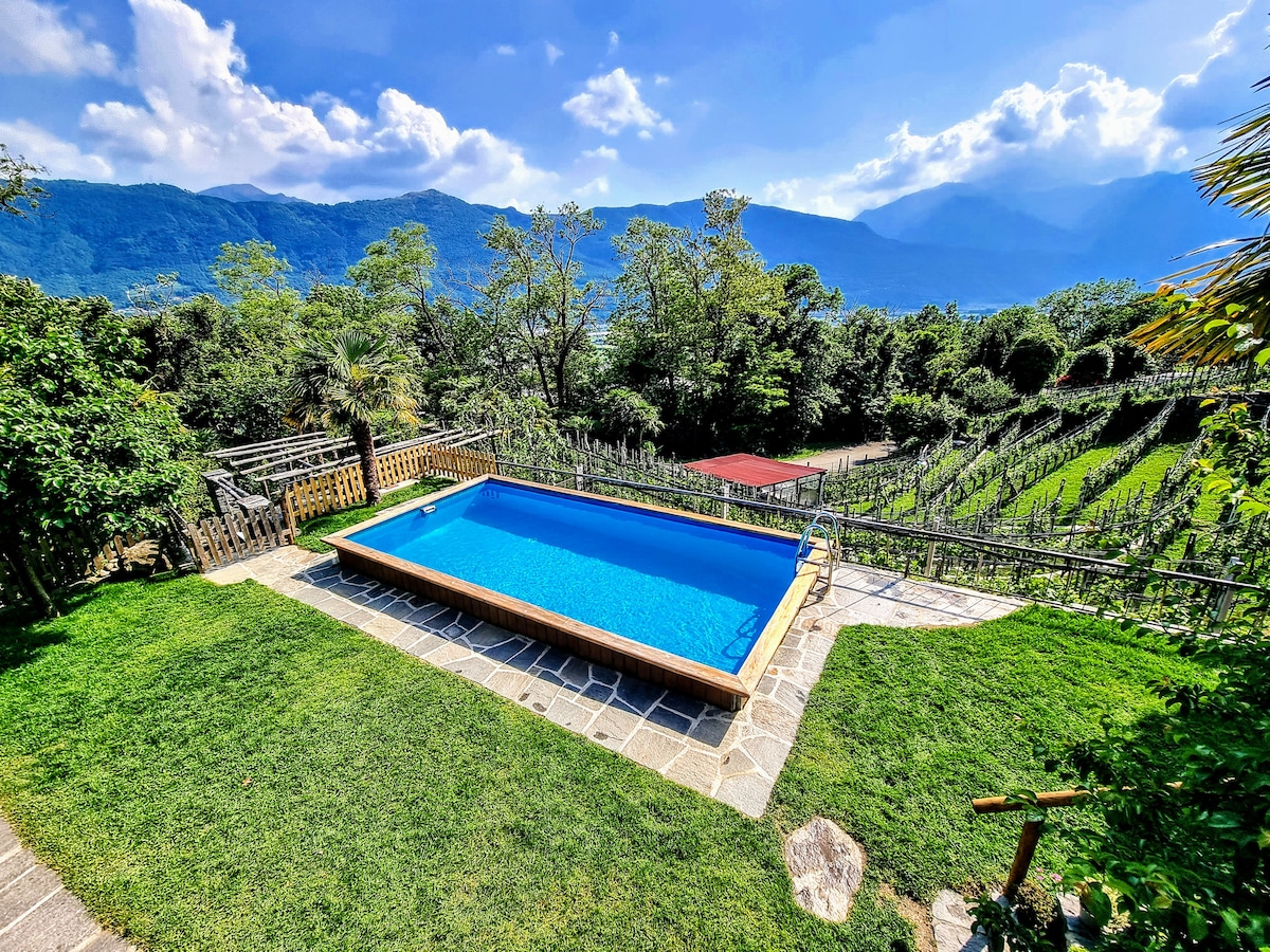 A clear blue pool is set within a lush green landscape, surrounded by trees and plants. Scenic mountains rise in the background, offering a panoramic view. The pool area features stone paving and is bordered by well-maintained gardens, enhancing the tranquil outdoor setting.