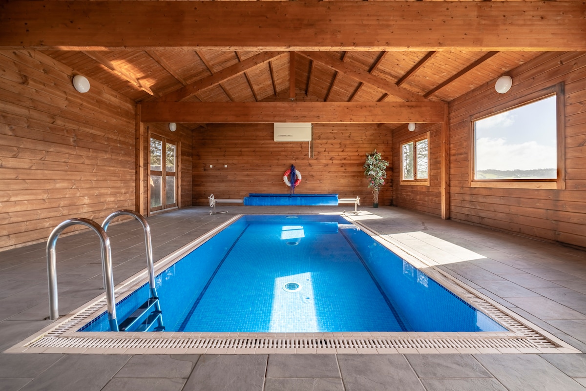 An indoor swimming pool is framed by wooden walls and a high ceiling. The pool features clear blue water, with a ladder for easy access. Soft lighting and large windows allow natural light to fill the space, creating an open and inviting atmosphere.