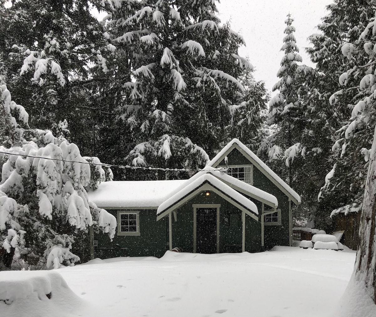 A cozy cabin is nestled among tall evergreen trees blanketed in fresh snow. Snowflakes fall gently, creating a serene winter atmosphere. The structure features a sloped roof and front porch, inviting guests to enjoy the peaceful, snowy surroundings.