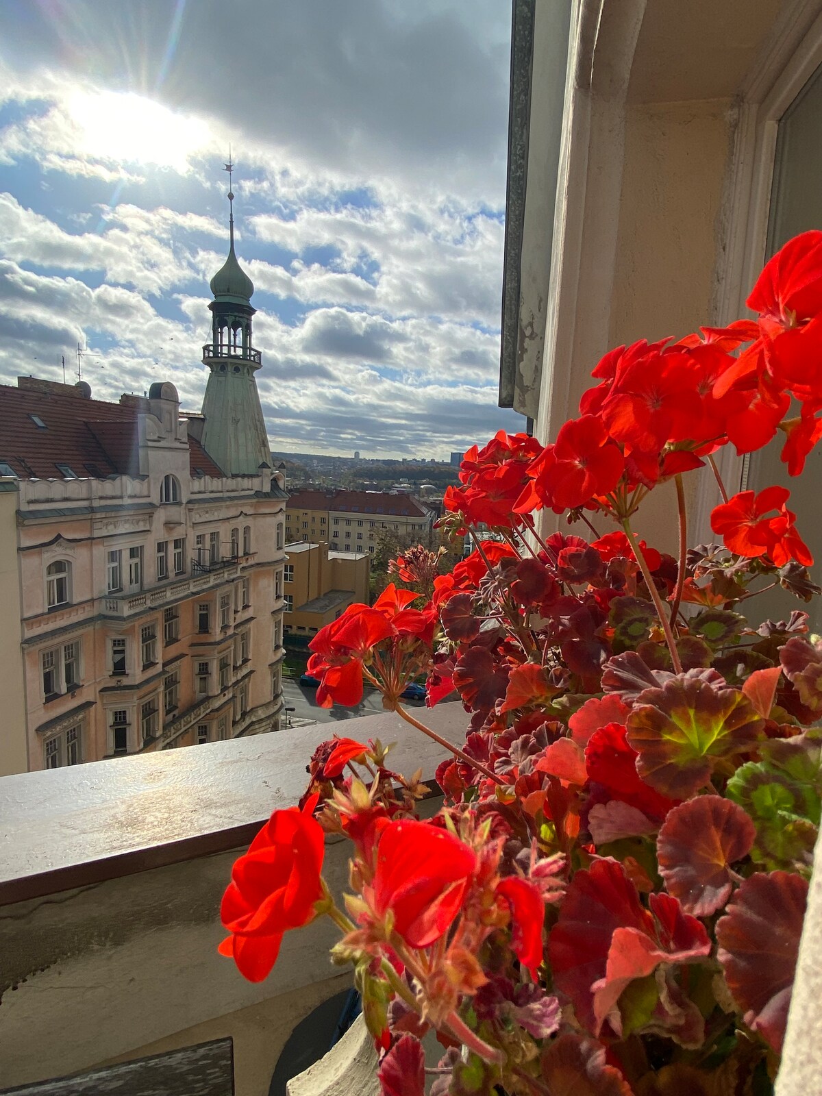 A balcony view showcases vibrant red geranium flowers spilling over the railing. In the background, a historic tower is highlighted under a partly cloudy sky, with sunlight casting a warm glow over the cityscape.