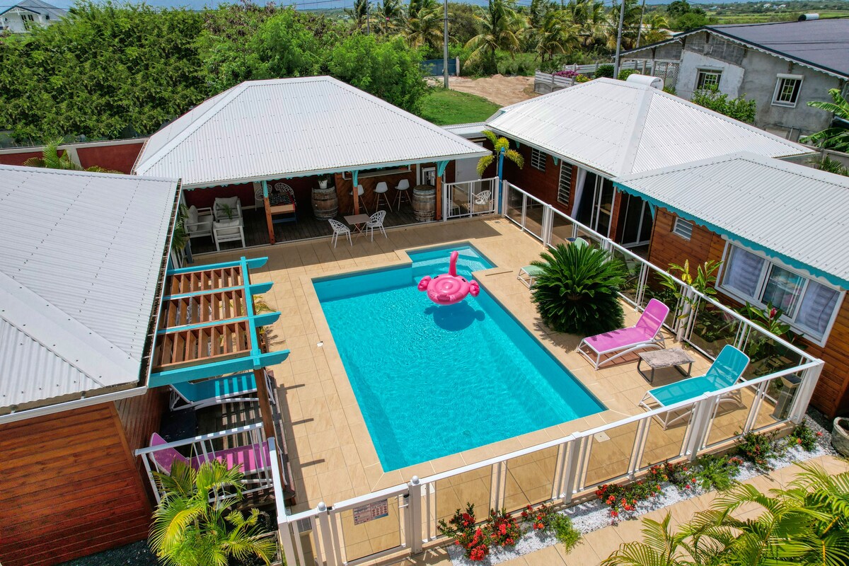 An aerial view presents the shared pool area surrounded by wooden villas, featuring a clear turquoise pool with a floating pink inflatable. Lounge chairs in vibrant colors, including pink and white, are placed on the tiled deck, complemented by greenery and palm trees in the background.
