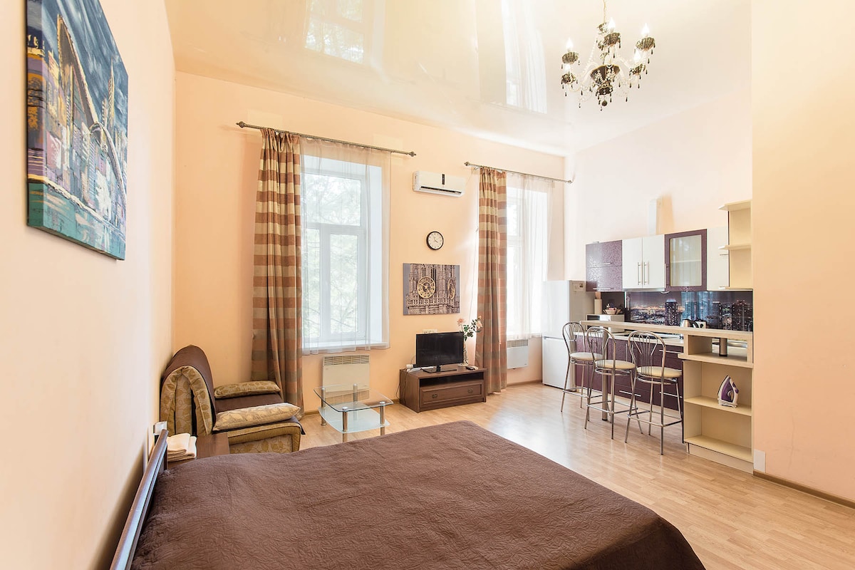 A studio apartment features warm peach walls and a modern kitchen area. A spacious bed is positioned beside a stylish seating area, with a television and dining space visible. Natural light enters through large windows, which are dressed with checkered curtains.