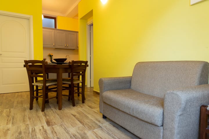 סלון עם ספה ופינת אוכל עם שולחן ו-4 כיסאות