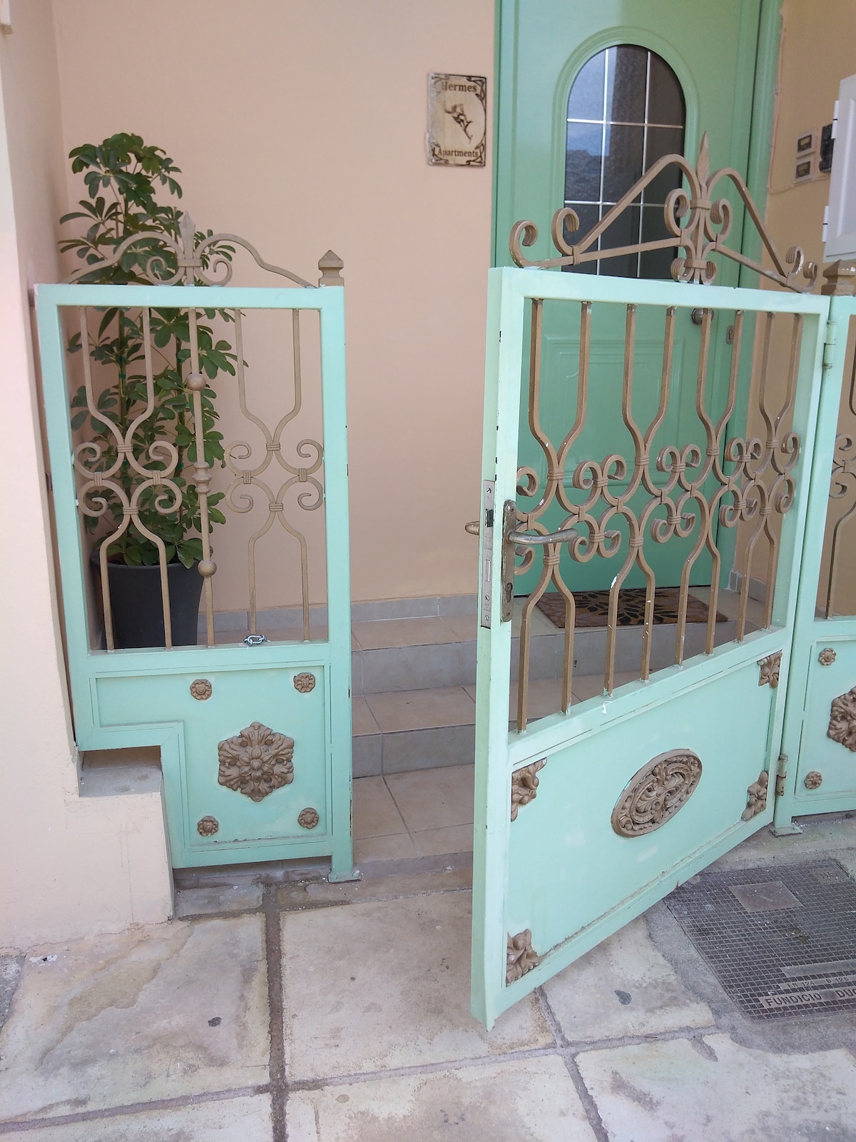 A decorative entrance gate in a soft mint color is shown ajar, revealing a tiled pathway leading to a light-colored door. A small potted plant is positioned next to the gate, contributing to the welcoming look of the entrance.