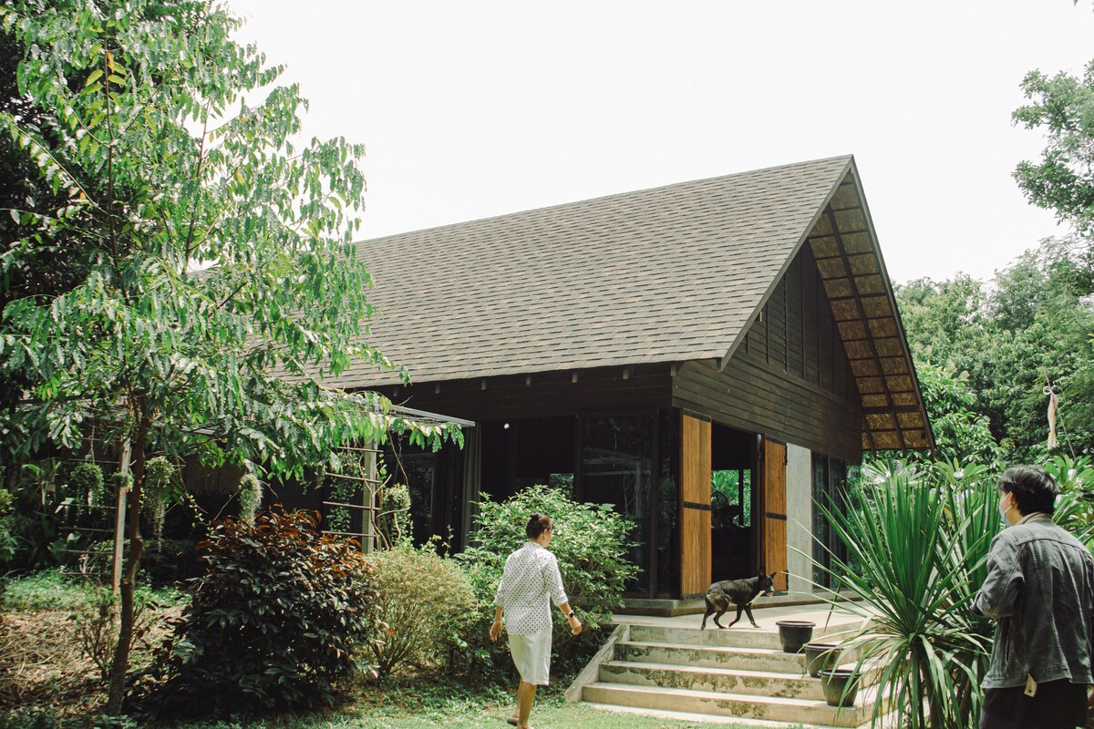 A modern wooden house is framed by lush greenery, featuring a sloped roof and large windows. A pathway leads to the entrance, where two individuals and a dog are seen enjoying the outdoor space surrounded by various plants.