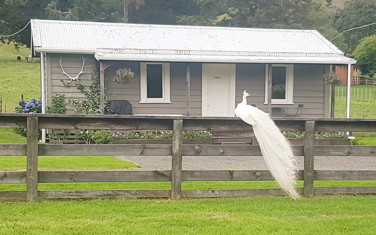 A charming cottage is featured against a green landscape, showcasing a grey exterior and a tin roof. Decorative elements include hanging plants by the windows. A white peacock is perched on the wooden fence, creating a tranquil rural scene.