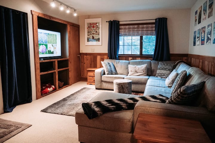 Sala de entretenimiento de nivel inferior con TV HD de 60 pulgadas y un enorme y cómodo sofá cama queen.