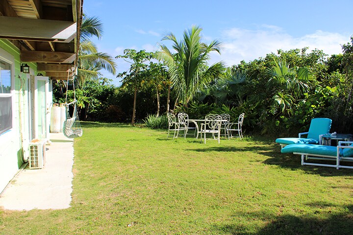 A semi-private garden area is presented with a well-maintained lawn. Comfortable lounge chairs and an outdoor dining table are visible among lush tropical plants and palm trees, contributing to a serene atmosphere. A gentle breeze can be imagined under the clear blue sky.