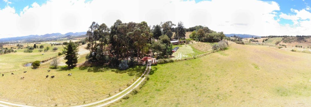 An aerial view reveals a serene landscape featuring a spacious property surrounded by lush greenery and rolling fields. The house, characterized by a distinct design, is nestled among trees, while gently curving paths lead toward the entrance, creating a peaceful ambiance.