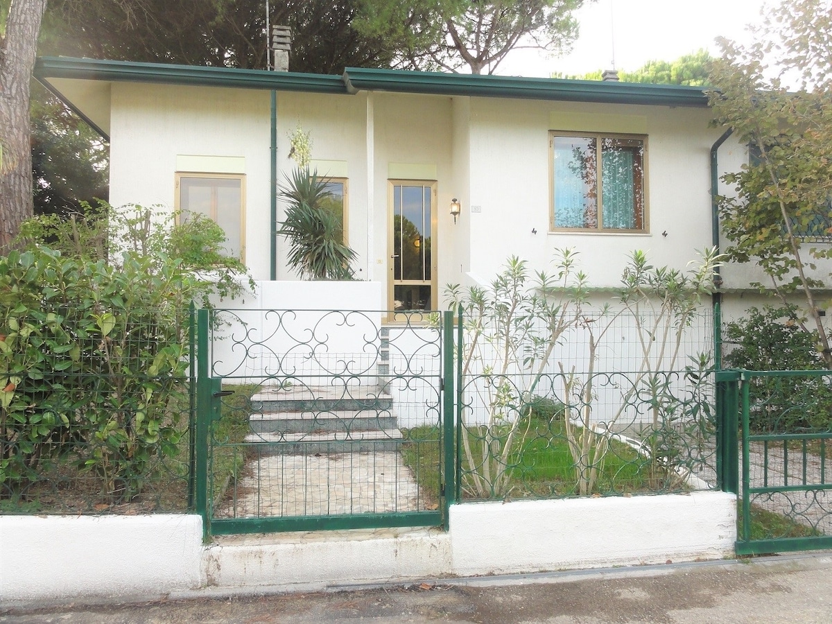 The entrance of the two-family villa features a well-maintained garden with greenery and a decorative fence. Light-colored walls and large windows complement the inviting front steps leading to the door.
