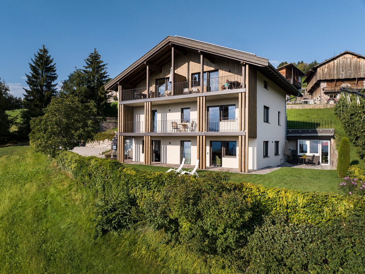 The exterior of a two-story building is highlighted, featuring multiple balconies and large glass doors. The structure is surrounded by greenery, with lounge chairs positioned on the lawn. In the background, traditional wooden chalets can be seen against a clear blue sky.