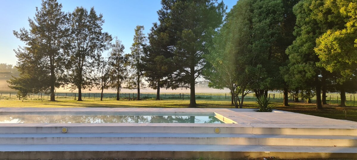 A serene outdoor area is shown, featuring a slightly elevated pool with a clean white edge. Lush, green trees surround the space, and a peaceful landscape stretches into the distance, highlighting the natural beauty of the environment.