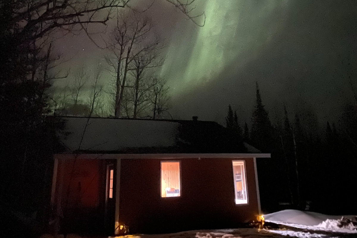 A rustic cabin is illuminated from within while the aurora borealis dances above a dark, starry sky. Surrounding trees stand silhouetted against the ethereal light. Snow covers the ground, adding a serene, wintry ambiance.