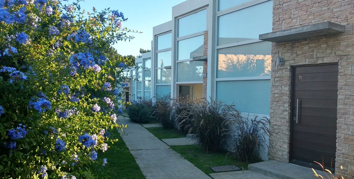A pathway lined with green grass leads to modern buildings with large glass windows. Flanking the path are clusters of vibrant blue flowers, interspersed with lush foliage, creating a tranquil and inviting entrance.