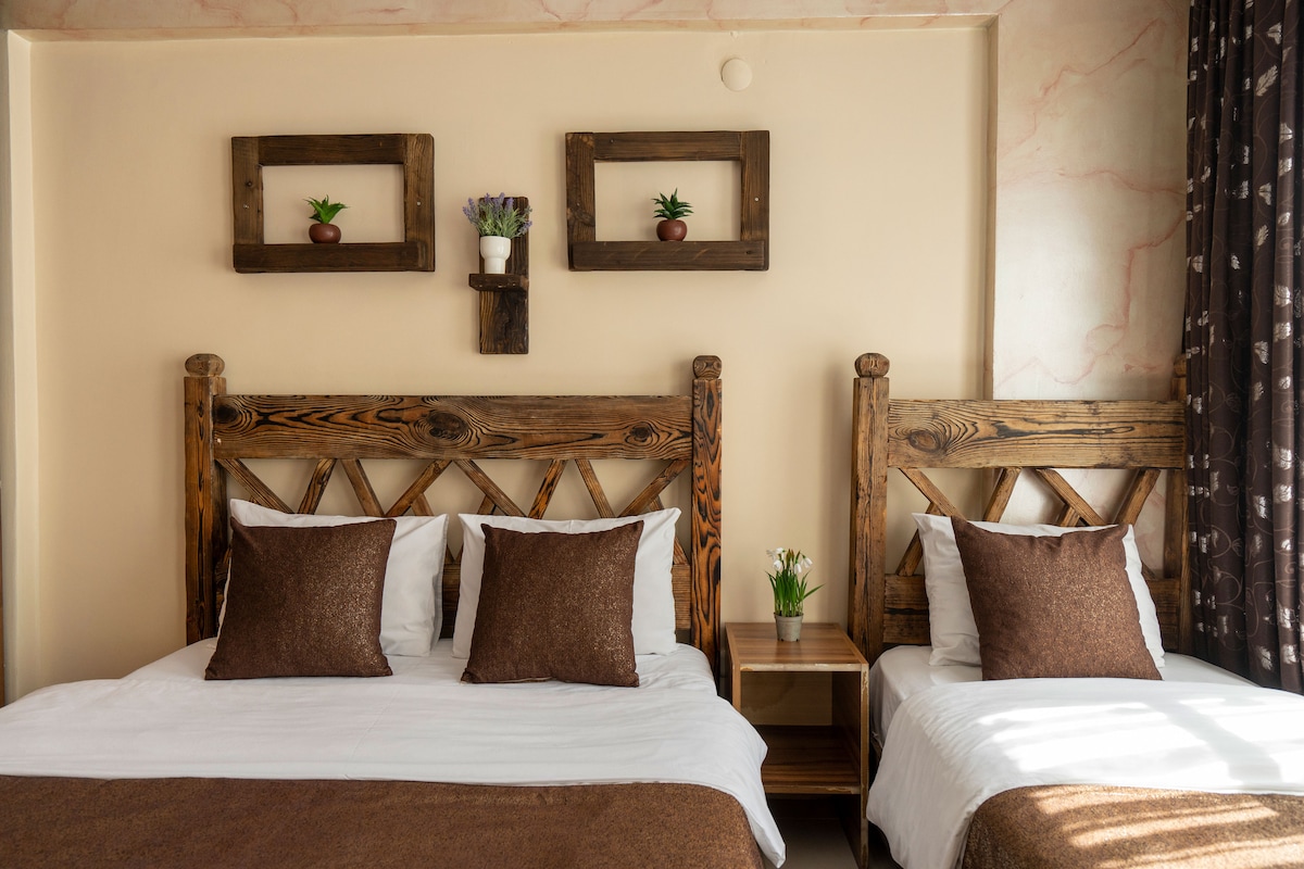 A warm-toned room features two beds with rustic wooden headboards, accented by brown cushions. Wall-mounted shelves hold small plants, adding a touch of greenery. Natural light filters through a window, enhancing the inviting atmosphere of the space.