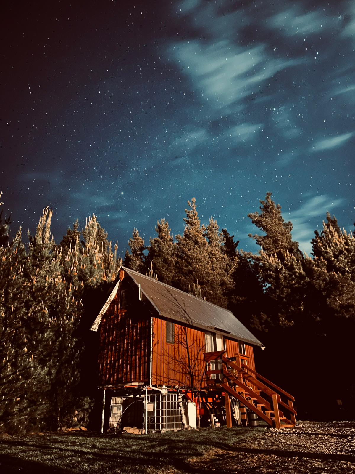 A tiny house with a rustic wood exterior is nestled among tall trees, silhouetted against a starry night sky. The building features an angled roof and external steps leading to the entrance, creating a cozy and inviting presence in the serene landscape.