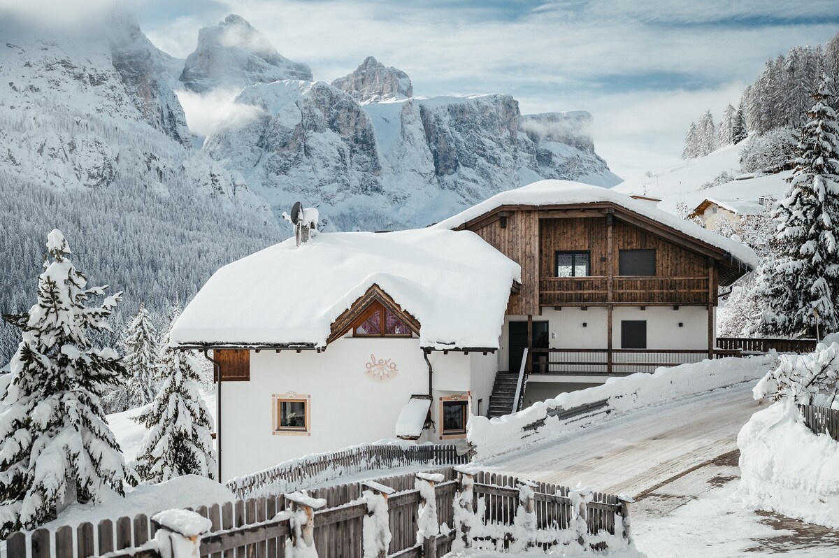 The exterior of a spacious chalet is covered in fresh snow, showcasing a blend of traditional alpine architecture and modern design. Surrounding pine trees enhance the serene winter landscape, while the distant mountains create a stunning backdrop under a partly cloudy sky.