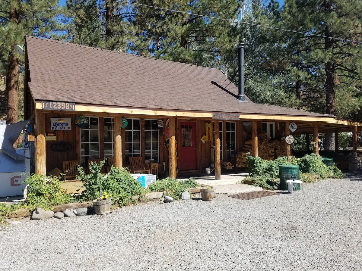 A rustic cabin exterior is presented, featuring a pitched roof and wooden porch supported by sturdy logs. The vibrant red door adds a pop of color, while surrounding greenery contrasts with the gravel pathway. Signs adorn the porch, contributing to the welcoming atmosphere.