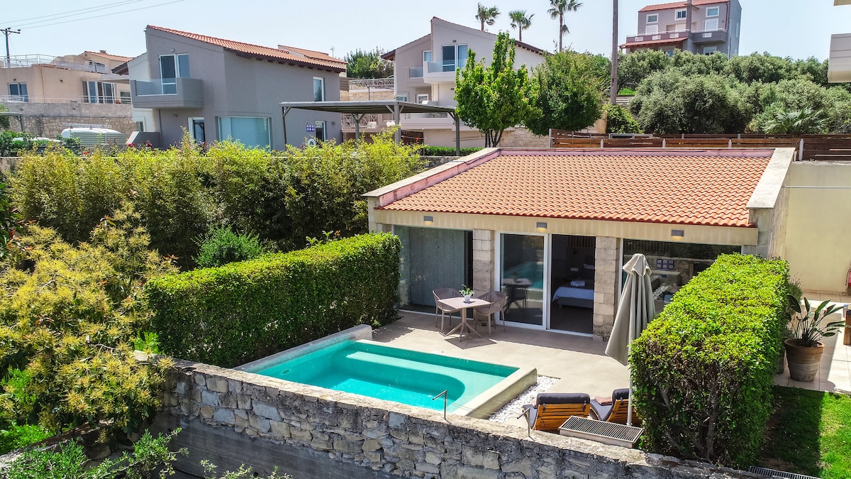 An overview of the independent suite reveals a private garden with a turquoise jacuzzi. The structure features a terracotta roof, surrounded by lush greenery and stone walls. Adjacent properties are visible in the background, along with palm trees, enhancing the serene environment.
