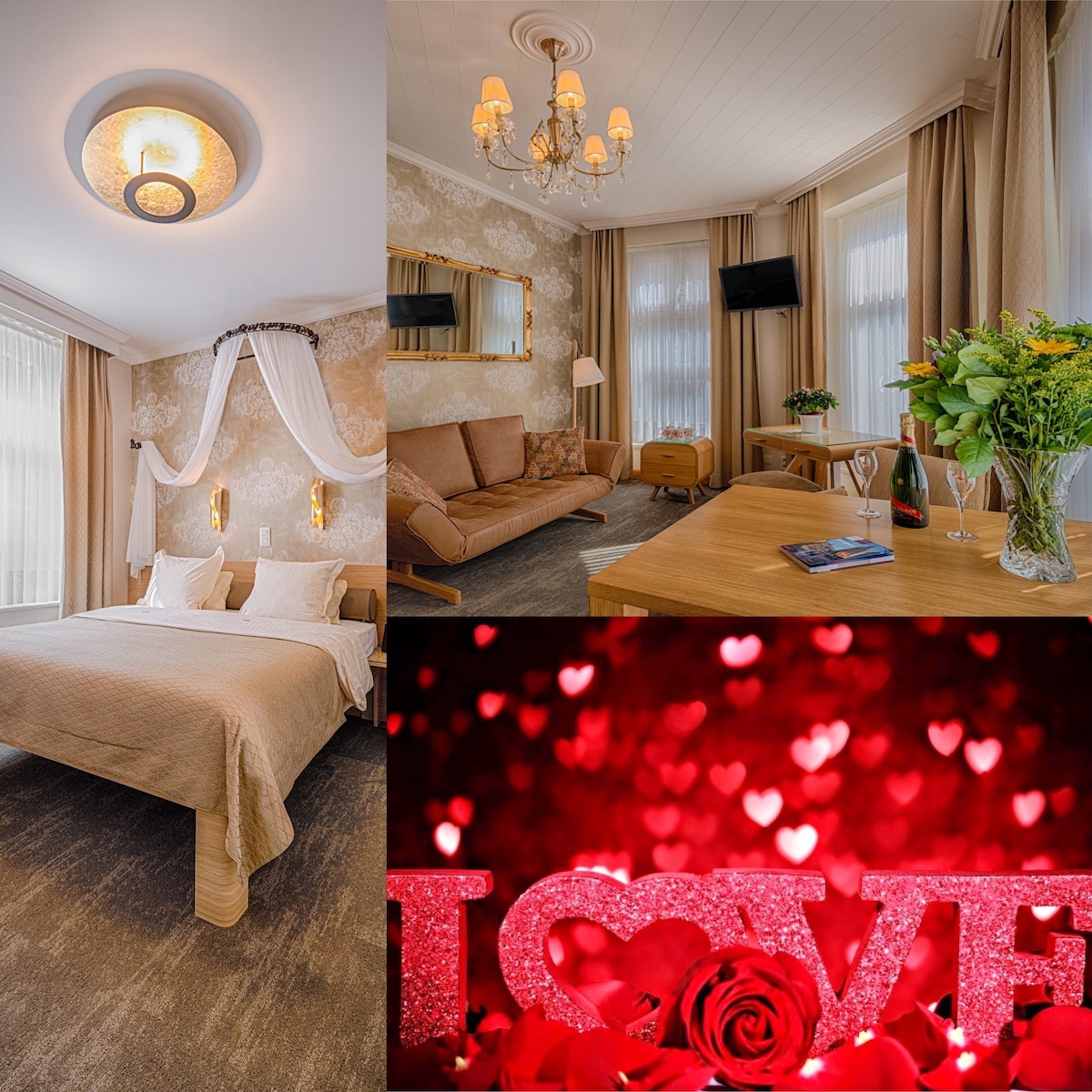 The studio features a comfortable sleeping area with a spacious bed adorned with soft linens. A cozy sitting area includes a sofa and a wooden table, while natural light filters through sheer curtains. Decorative elements add a romantic touch to the ambiance.
