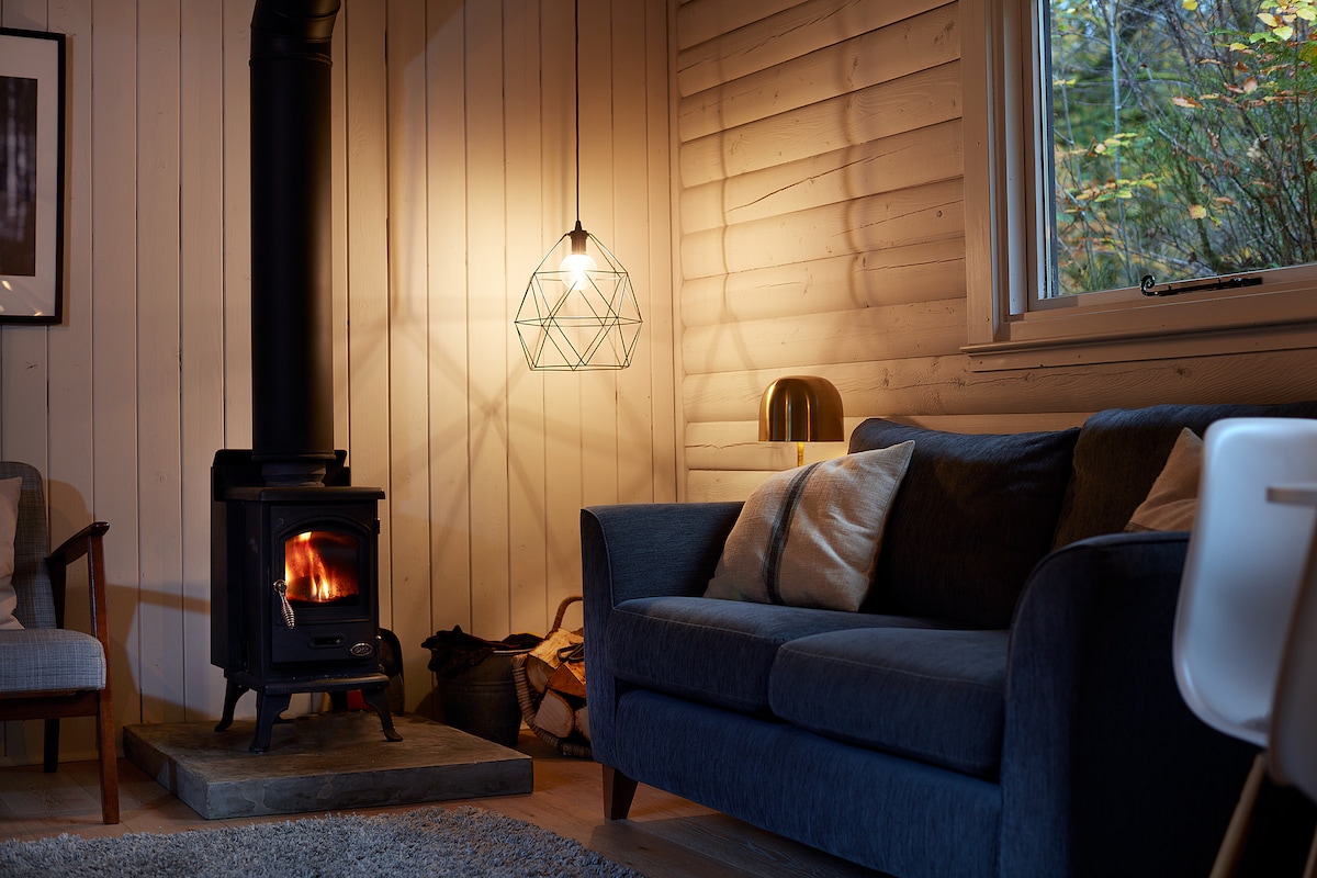 A cozy living area features a modern wood-burning stove, providing warmth and ambiance. A geometric pendant light hangs above, illuminating the space, while a comfortable blue sofa is arranged beside a plush rug. Natural light streams in through the window, highlighting the wooden walls.