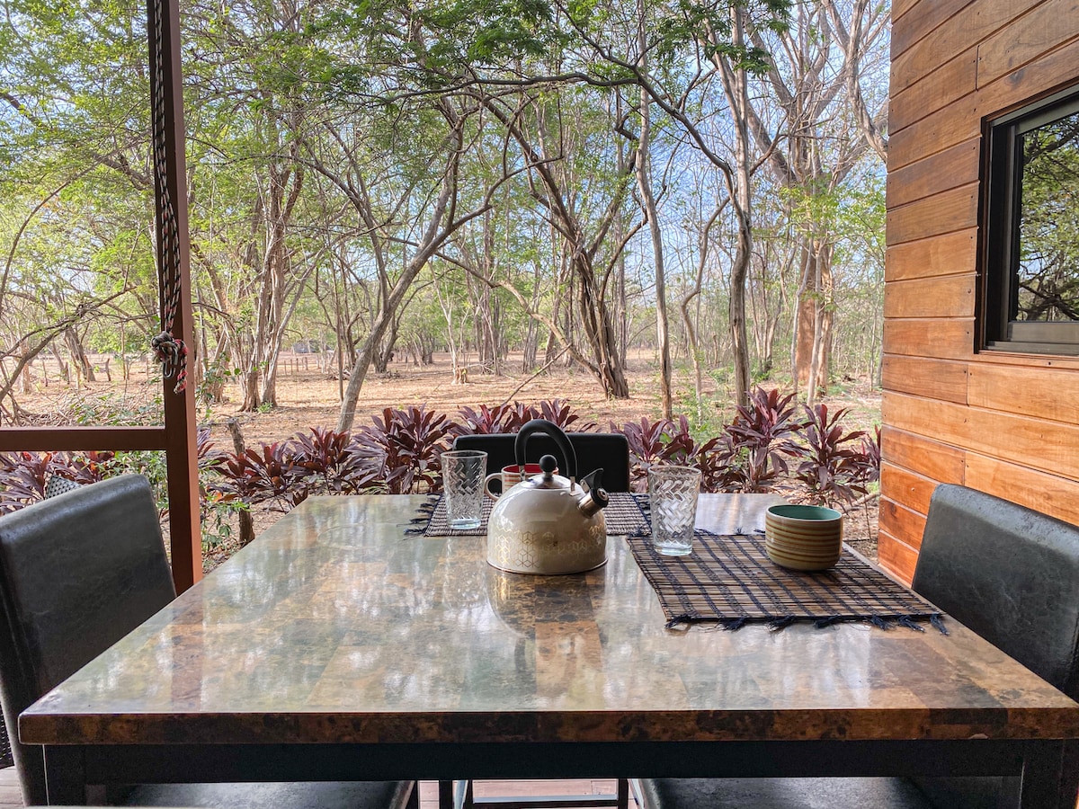 A dining table with a polished surface is set for a meal, featuring glassware, a teapot, and a small bowl. The view showcases a natural landscape with trees and flora, providing an inviting atmosphere for dining.