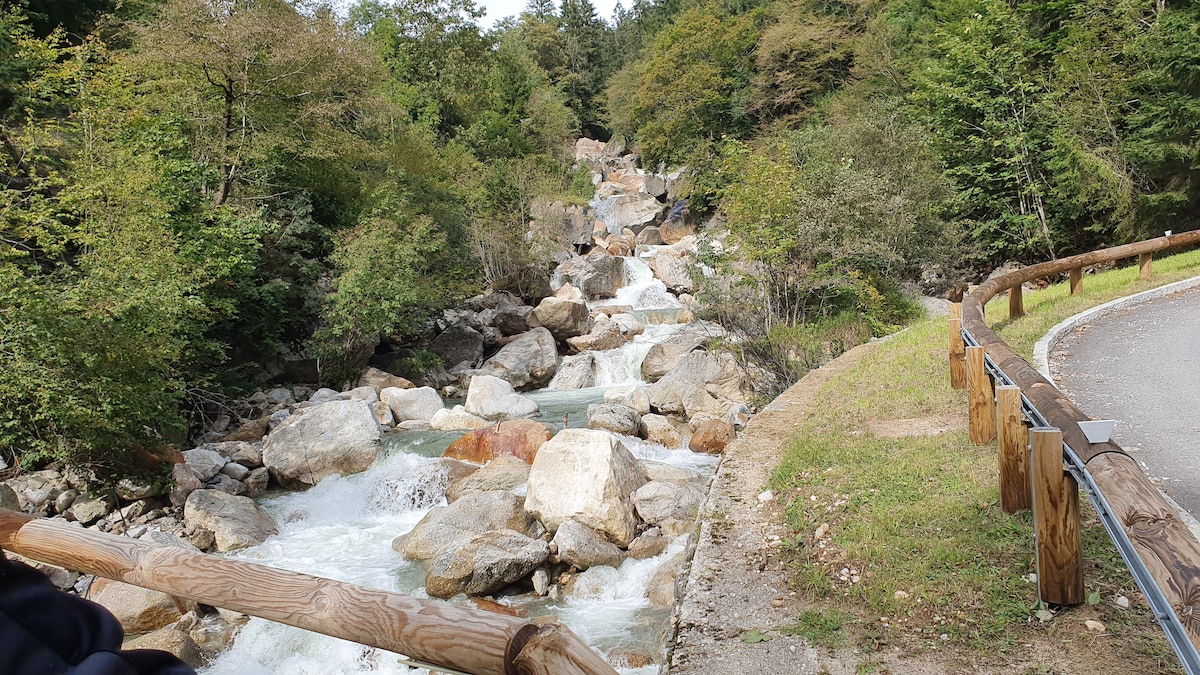 A winding stream flows through a rocky landscape, surrounded by lush greenery. Large stones are scattered along the water's edge, and a wooden railing follows the curve of the road, offering a sense of vantage point over the natural scenery.
