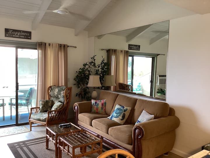 בסלון יש תקרה מקומרת עם ספה נוחה/מיטה נפתחת.  קווין סייז, 