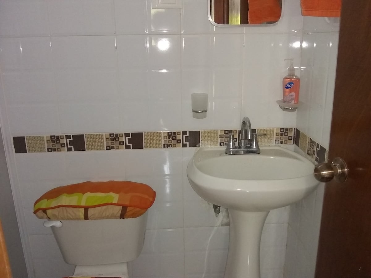 A clean and functional bathroom is displayed, featuring a white sink with a mirror above. An orange and yellow patterned toilet seat covers the toilet. Small decorative tiles line the wall, adding a subtle touch of color to the space.