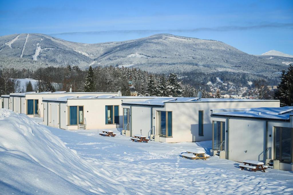 A series of modern structures is situated in a snowy landscape, surrounded by tall evergreen trees. The mountains in the background are coated with snow, creating a serene winter scene. Picnic tables are placed outside the buildings, inviting guests to enjoy the tranquil environment.