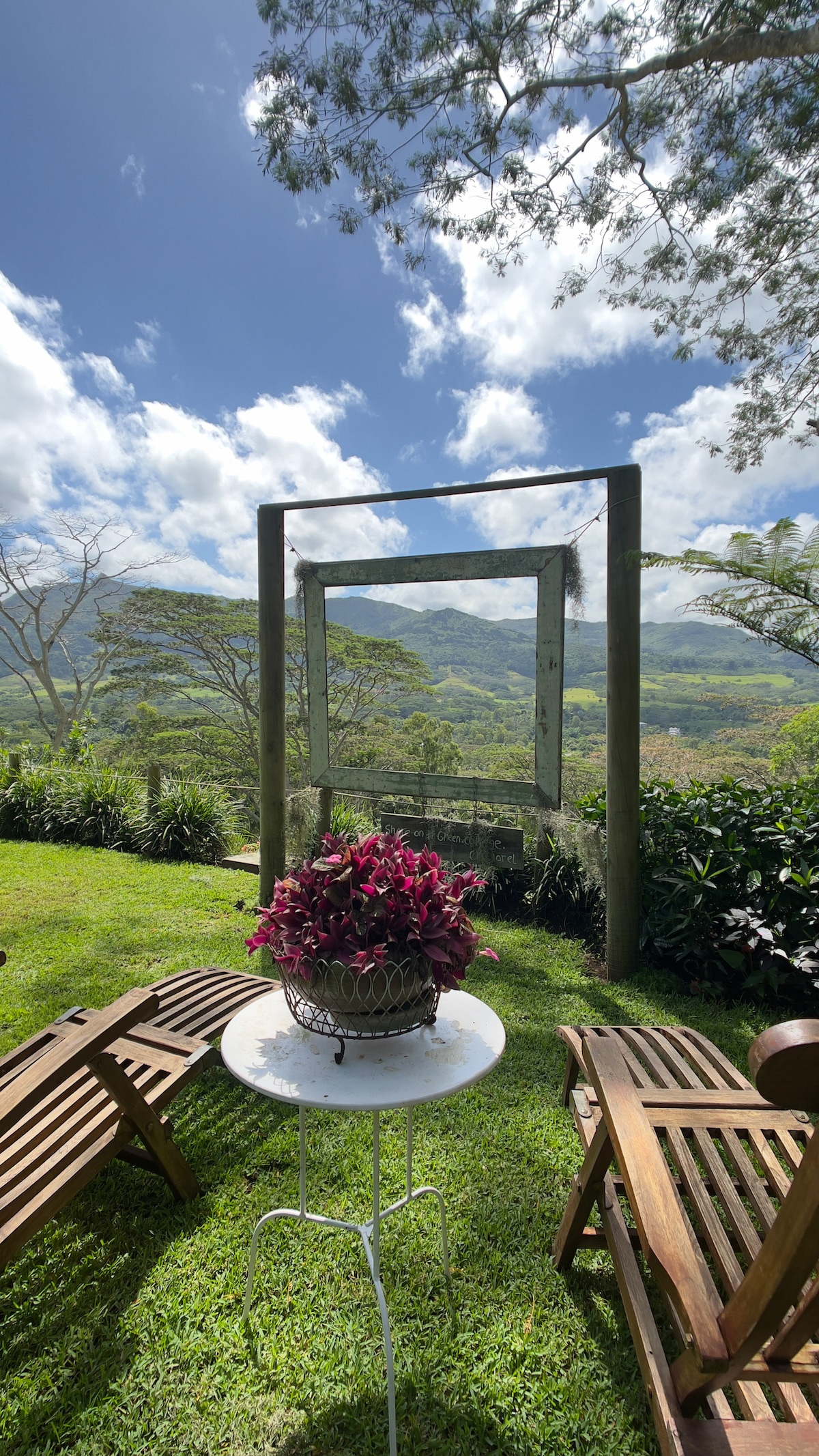 A serene outdoor area features wooden lounge chairs positioned on a lush lawn. A small round table holds a vibrant planter filled with purple foliage. In the background, a framed view of rolling hills and a blue sky adorned with fluffy clouds is visible.