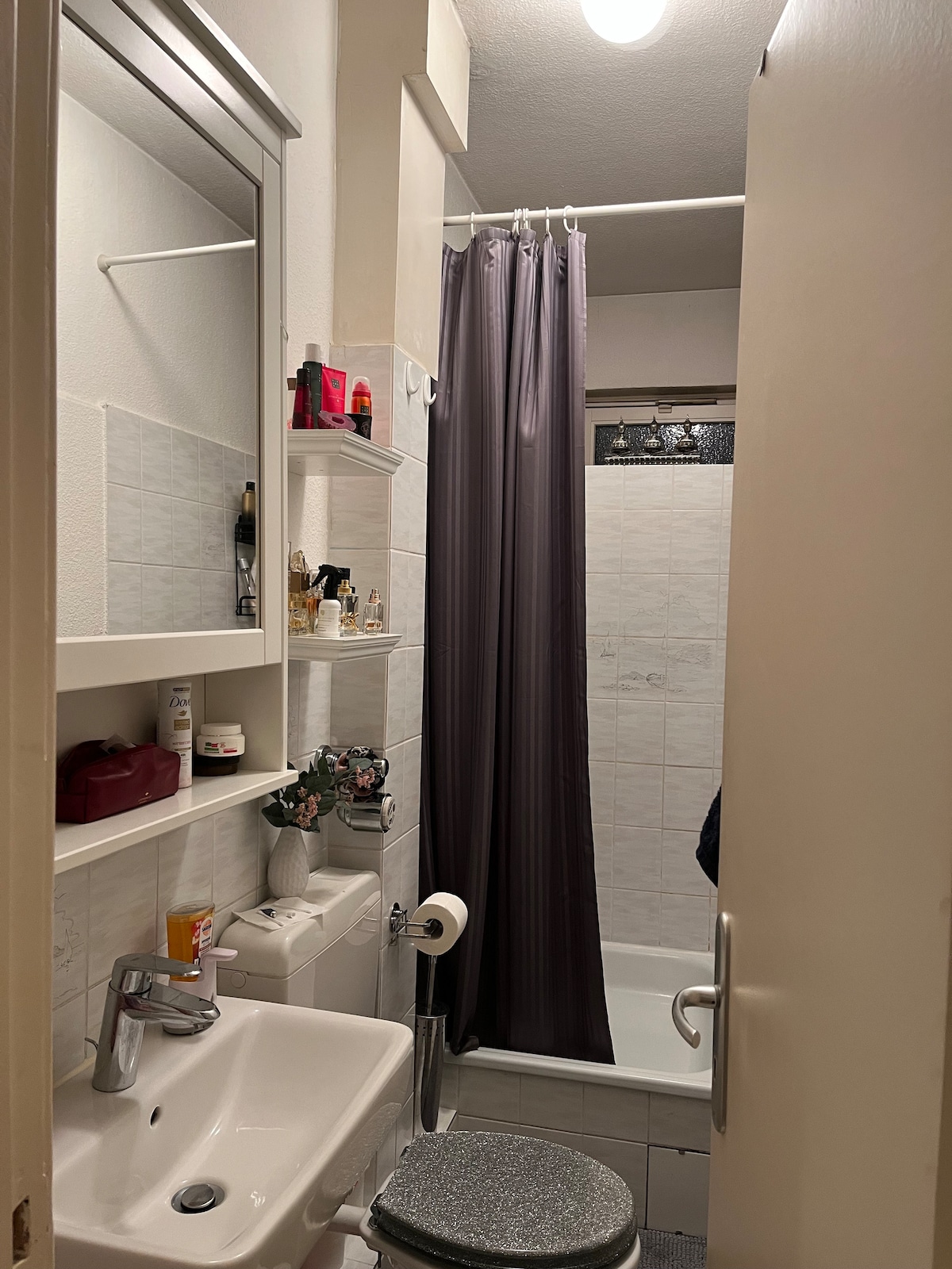 A compact bathroom features a shower with a gray curtain and a small bathtub. A sink is positioned near a mirror and shelving, displaying various toiletries. White tiles cover the walls, while a towel hangs on a hook. A small potted plant adds a touch of greenery.