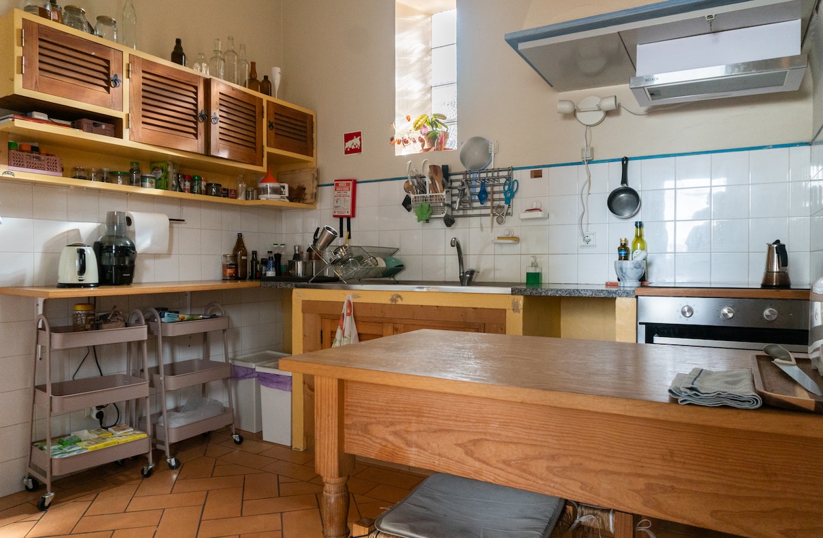 The kitchen space features wooden cabinetry and a large table in the center, surrounded by essential appliances. Shelves are lined with various jars and utensils, and natural light filters in through a window. A small cart is positioned nearby for additional storage.