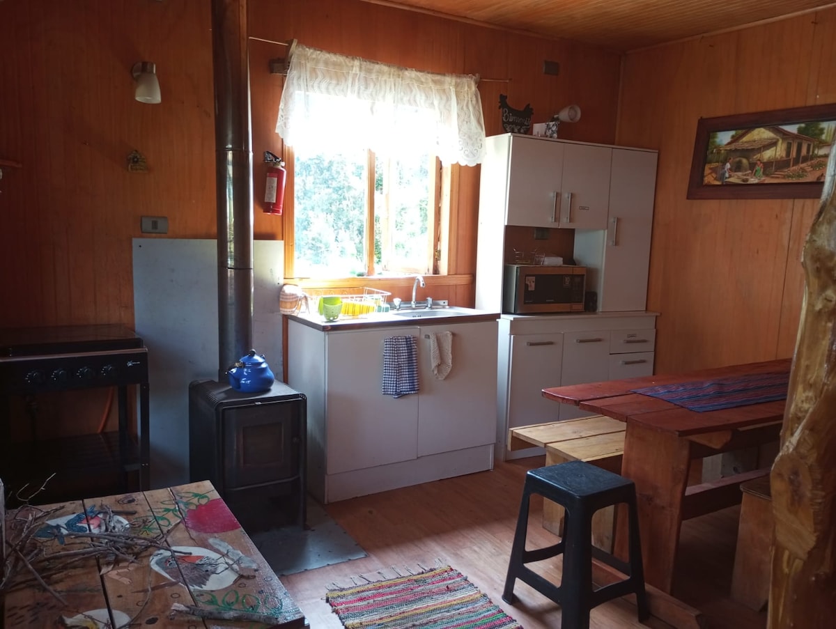 A rustic kitchen is featured, designed with wooden walls and warm tones. A large window allows natural light to illuminate the space. Basic kitchen amenities include a stovetop, microwave, and sink. A wooden dining table and a small black stool complement the setting, alongside a wood stove.