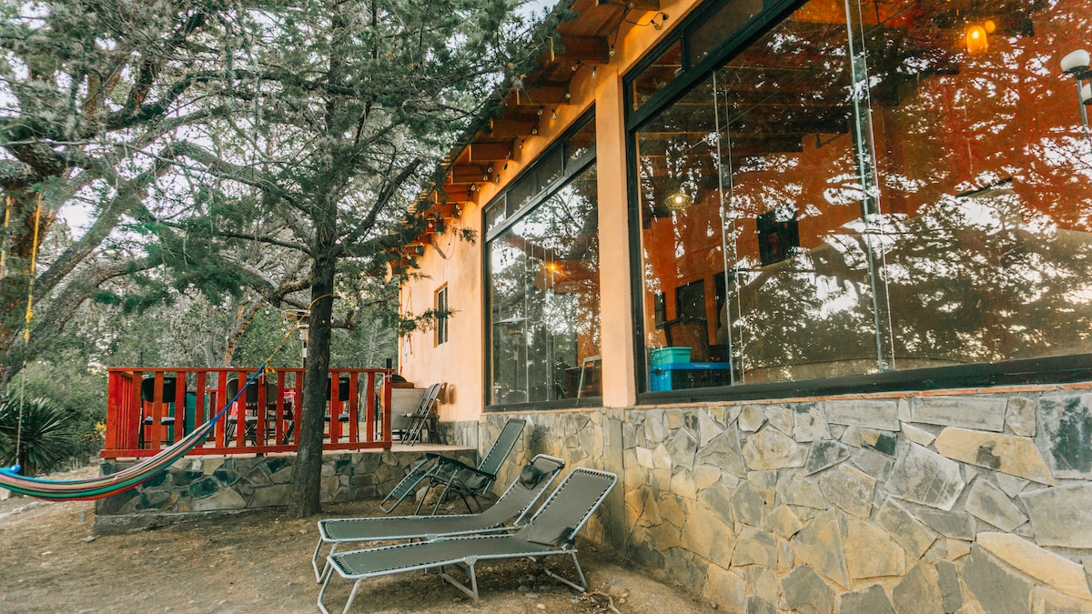 A charming exterior view of the cabin features large glass windows that invite natural light, surrounded by lush greenery. Comfortable lounge chairs are positioned on a stone pathway, while a vibrant red terrace offers a cozy spot to relax, complemented by shaded hammocks hanging nearby.