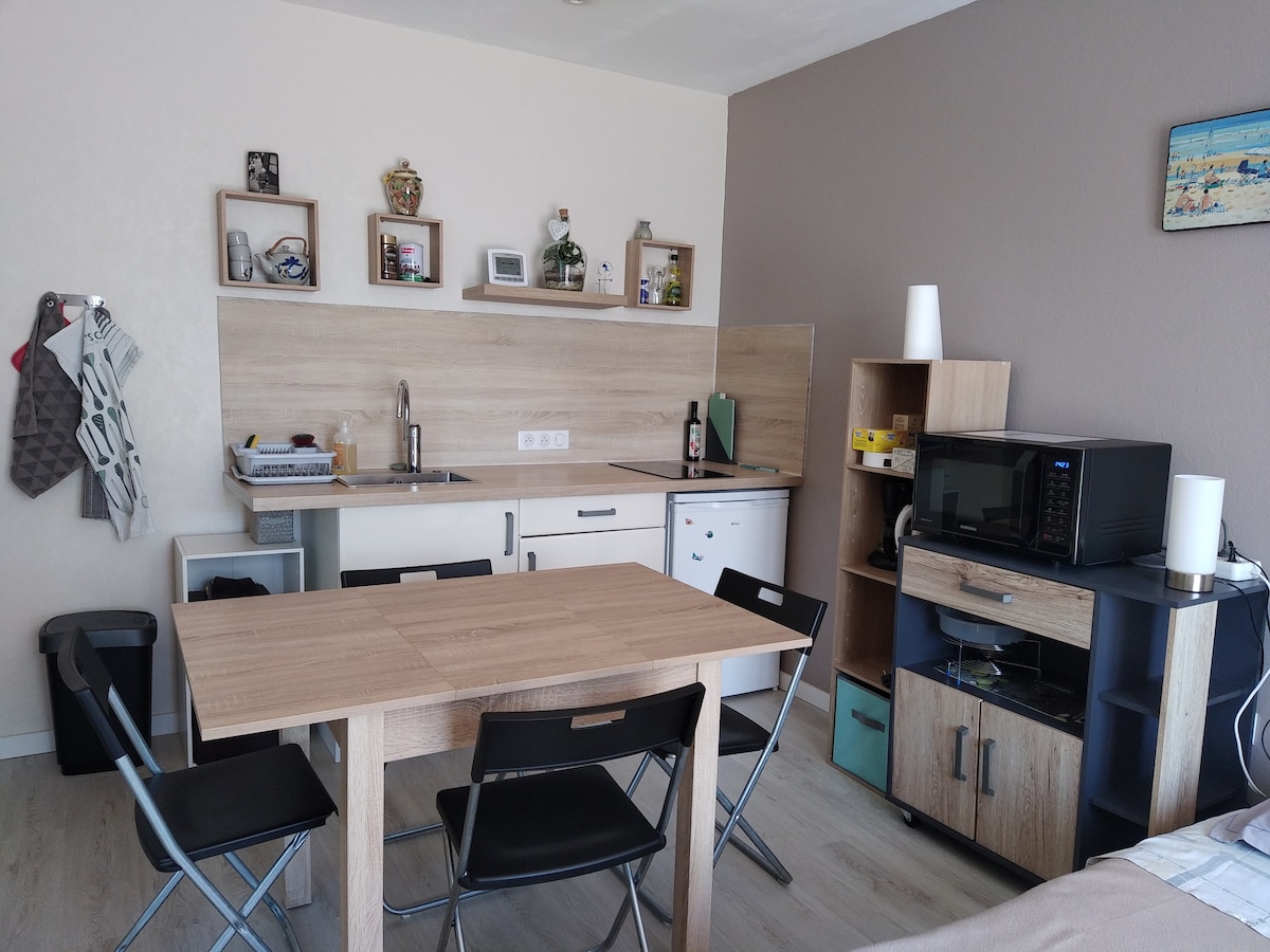 A compact kitchenette is visible, featuring light wooden cabinetry and essential appliances, including a microwave and sink. A table is set with four folding chairs, providing a functional dining space. Storage units are neatly arranged, enhancing practicality in the studio.