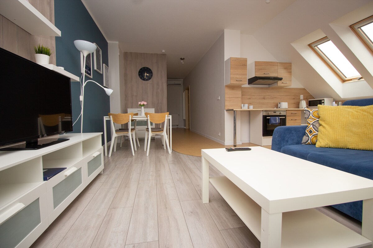 The spacious living area features a modern blue sofa and a white coffee table, alongside a flat-screen TV on a stylish media unit. A dining table with four chairs is positioned nearby, and the open kitchen is well-equipped with contemporary cabinetry and appliances.