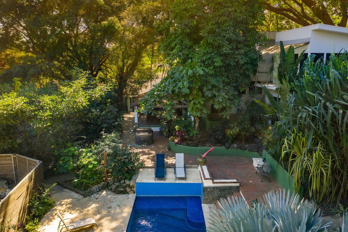 A serene outdoor space is surrounded by lush greenery, with a clear blue pool at the forefront. A patio area with lounge chairs is visible next to the pool, providing a calm spot for relaxation. Mature trees create a natural canopy, enhancing the tranquil setting.