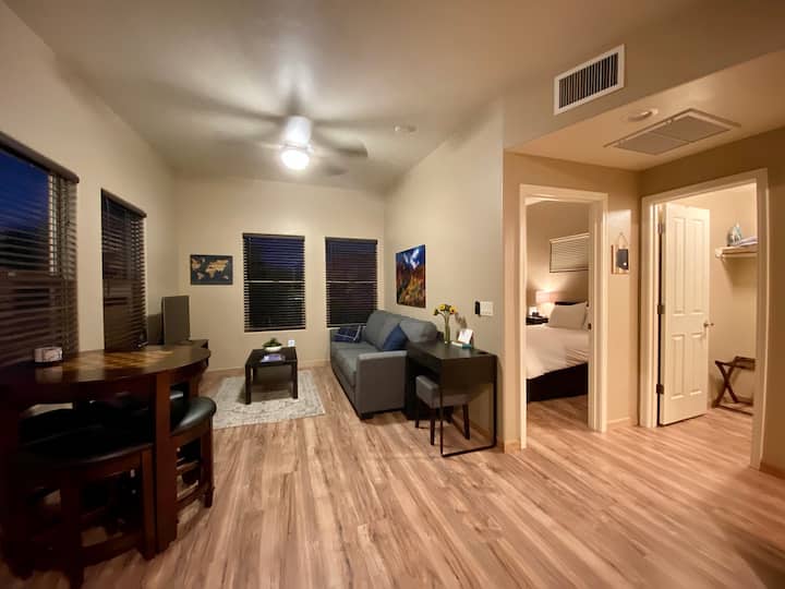 The living room has a comfortable sofa/sleeper bed with a gel top mattress.  Watch cable TV on the 43" 4k Smart TV including YoutubeTV which hosts major networks, sports and streaming services.  