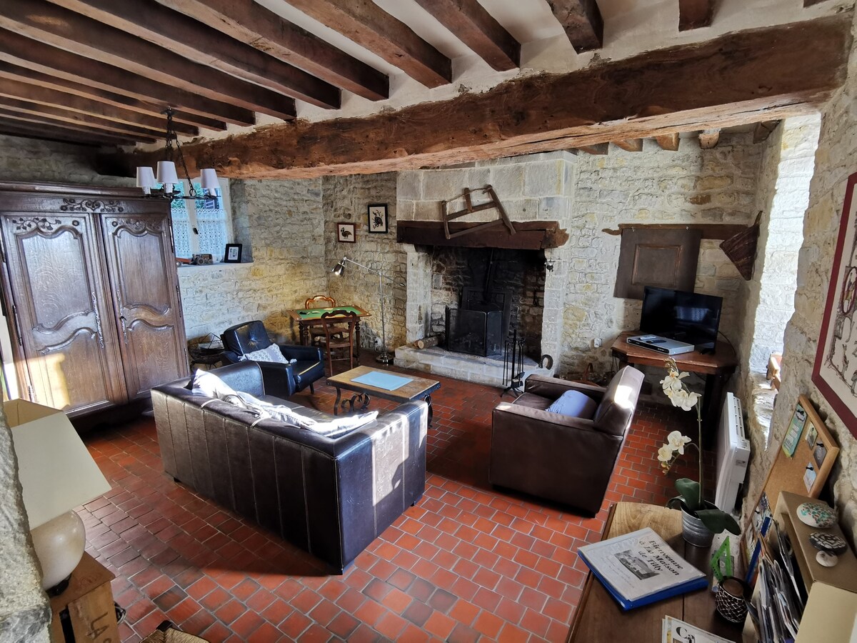 The living room features exposed stone walls and wooden beams, creating a cozy atmosphere. Two comfortable leather sofas face a stone fireplace, which is flanked by a wooden armoire and a small television. Natural light enters through multiple windows, enhancing the warm, rustic charm.