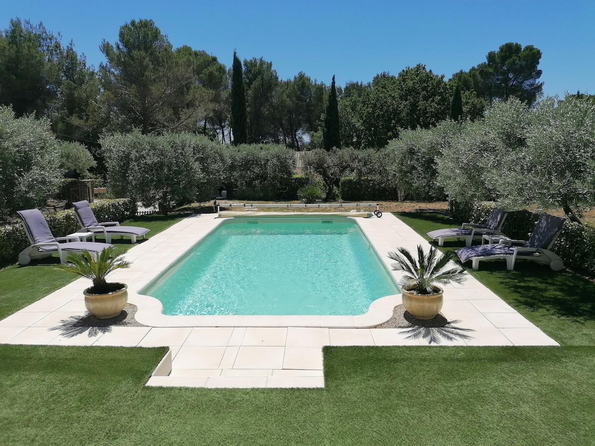 A serene outdoor pool area features a rectangular pool surrounded by a sun terrace. Four lounge chairs are positioned on the tile deck, with potted plants adding touches of greenery. Olive trees and manicured hedges provide a natural backdrop, enhancing the tranquil setting.