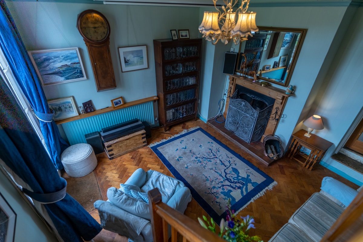 An elevated view of a cozy living room reveals a patterned rug placed centrally on herringbone flooring. A blue sofa is positioned beside a wooden bookshelf, and light enters through large windows dressed in dark curtains. An ornate fireplace and a chandelier enhance the warm ambiance.